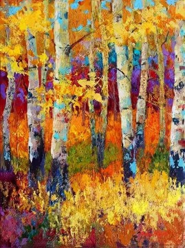 Landscapes Painting - Red Yellow Trees Autumn by Knife 06